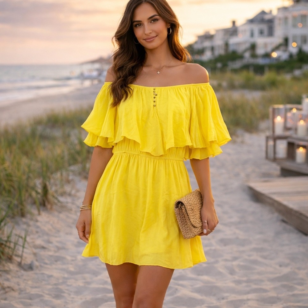 Vix Paula Hermanny Yellow Ruffle Off Shoulder Mini Dress Tunic‎ Womens Small
